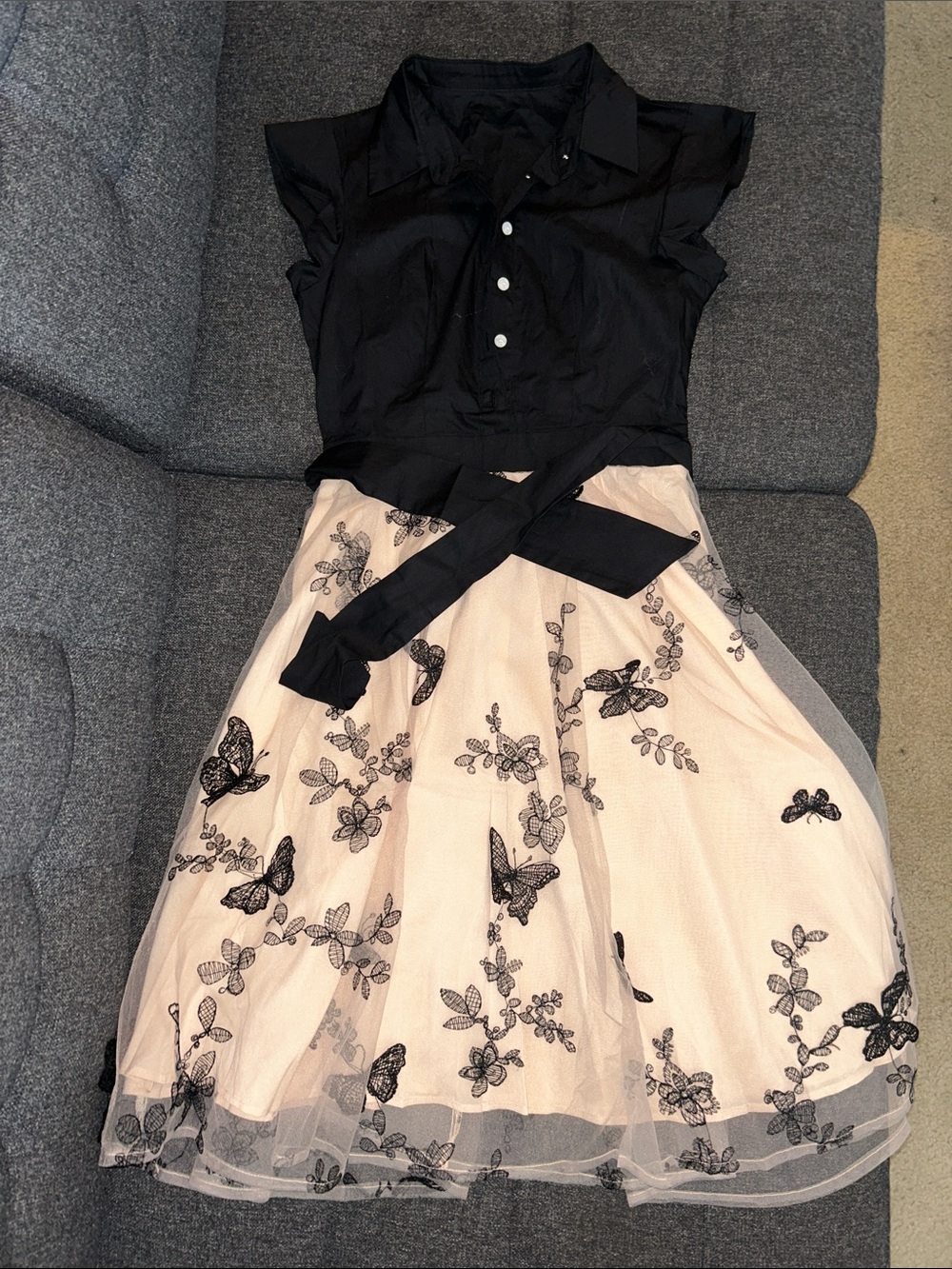 Retro Stage Black & Cream Butterfly Embroidered Button Up Dress